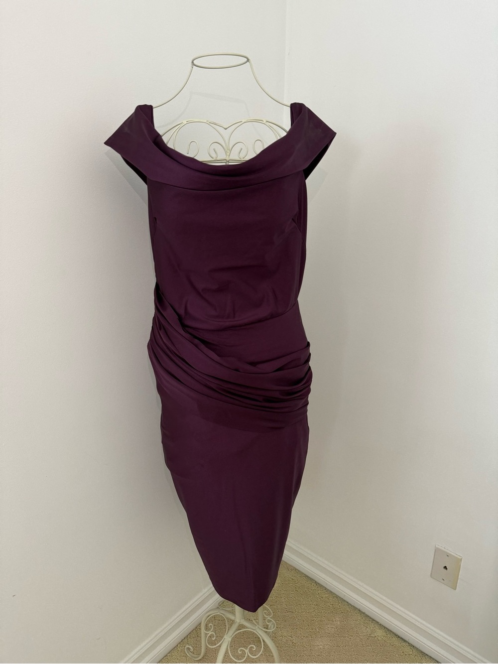 Draped Off-Shoulder Midi Dress in Deep Plum